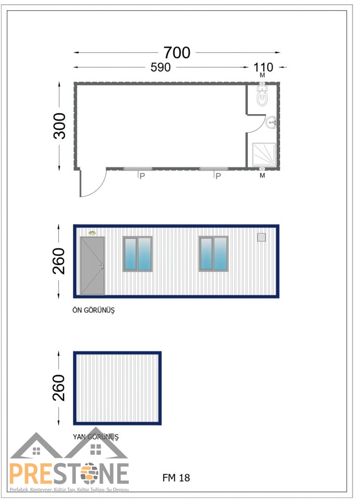 PSK303 - 300x700 CM TEK ODALI WC-DUŞ-LAVABOLU KON...