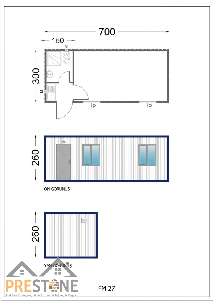 PSK304 - 300x700 CM TEK ODALI WC-DUŞ-LAVABO-MUTFA...
