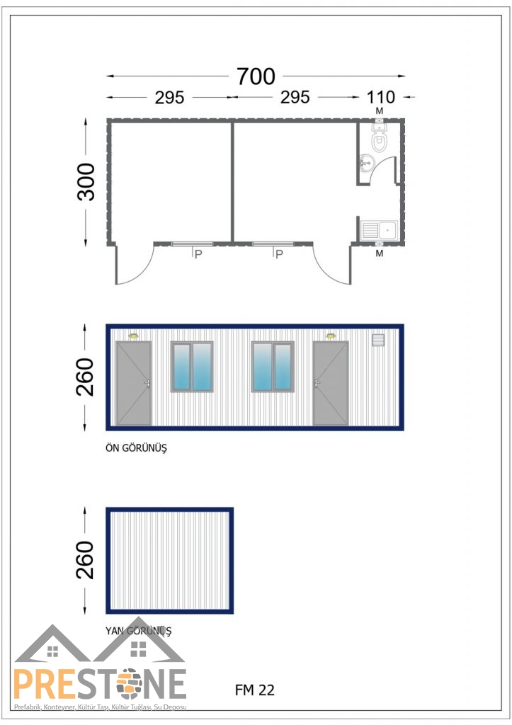 PSK404 - 300x700 CM İKİ ODALI WC-LAVABO-MUTFAKLI...